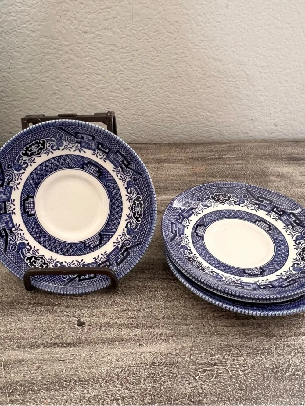 Set of 4 Vintage Churchill BLUE WILLOW Saucers Made In Staffordshire England